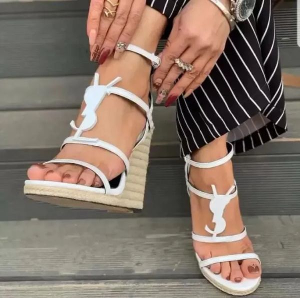 

with box designer yslity sandal newst cassandra wedge espadrilles designer sandals leather pumps straw weaving parting wedding dress sho mvp, Black