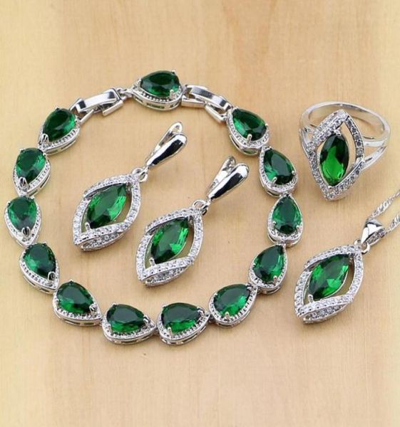 

rhombic green created emerald white cz 925 sterling silver jewelry sets for women earringspendantnecklaceringsbracelet46113365812064, Slivery;golden