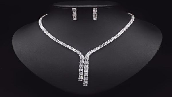 

2021 cubic zirconia long necklace earrings sets for brides wedding jewelry accessories jolleria mujer de oro for women5649088, Silver