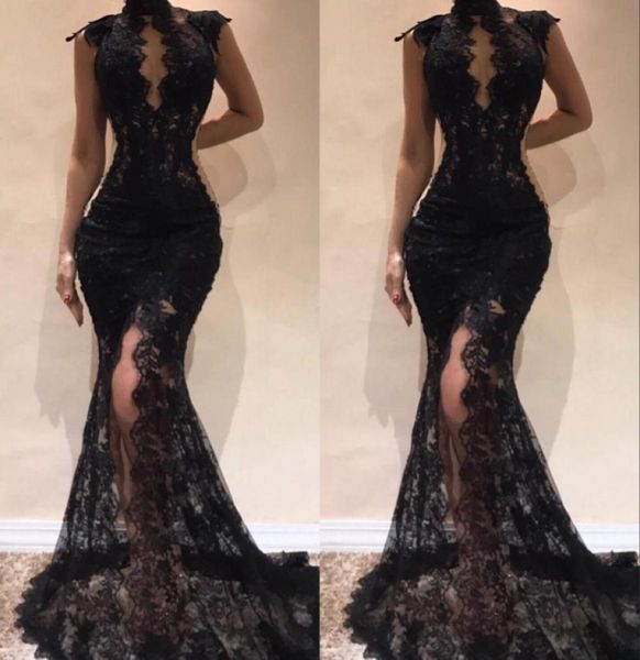 

black sleeveless mermaid prom party dresses 2022 high neck split side high evening gowns see through full lace celebrity dres4775519