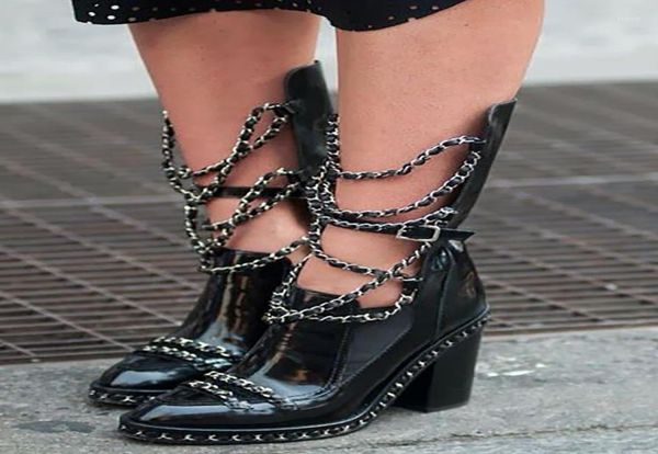 

street style metal chain square heel boots manufacturer pointed toe ladies shoes take off shaft versatile spring winter2989982, Black