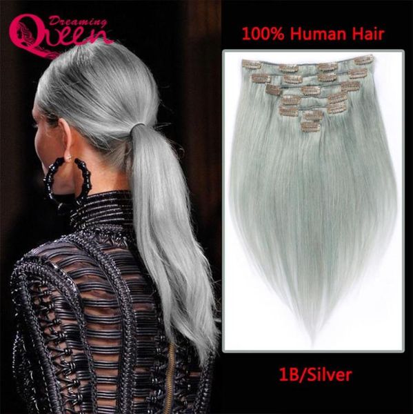 

straight hair clip in brazilian virgin human hair extensions silver grey color 7 piecesset 120g clips gray color hair extension1449178, Black