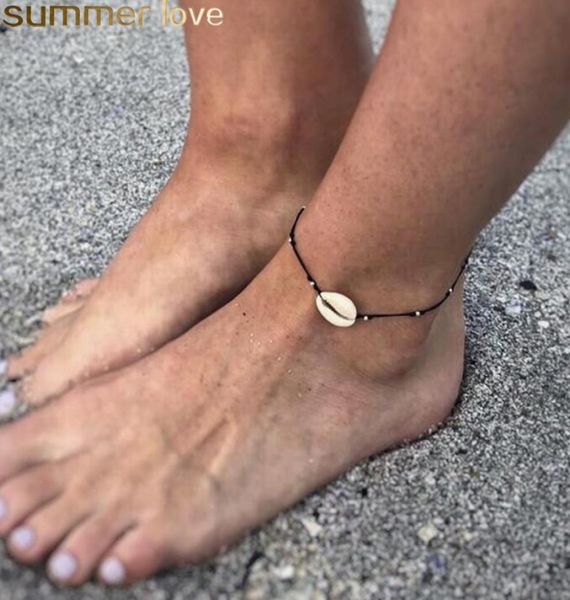 

new seashell beads stripe woven anklet beach jewelry handmade simple black rope draw beads braided anklets bracelets for women3510415, Red;blue