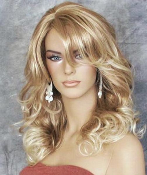 

strawberry blonde mix big curly wavy glamorous new wig w bangs bl 276136314921, Black;brown