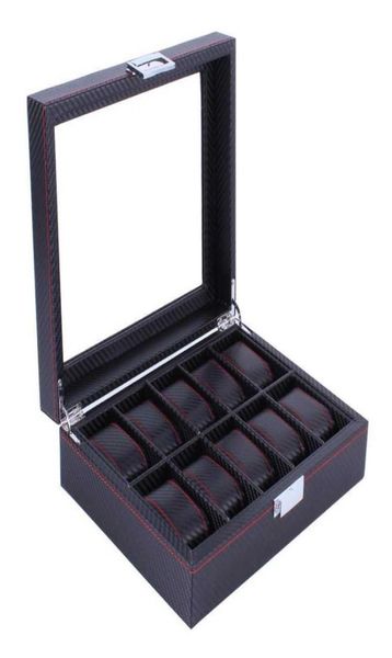

10 grids carbon fibre pattern watch box watch holder organizer storage case jewelry display rectangle black color showcase gifts t3664130, Black;blue