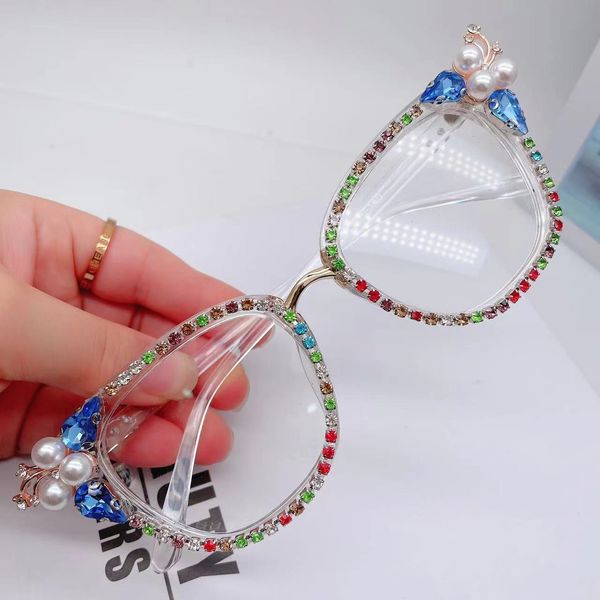 

designer decorative diamond pearl clear lenses eyeglass luxury sparkling gorgeous decorative gift glass anti-blue 4 color, White;black