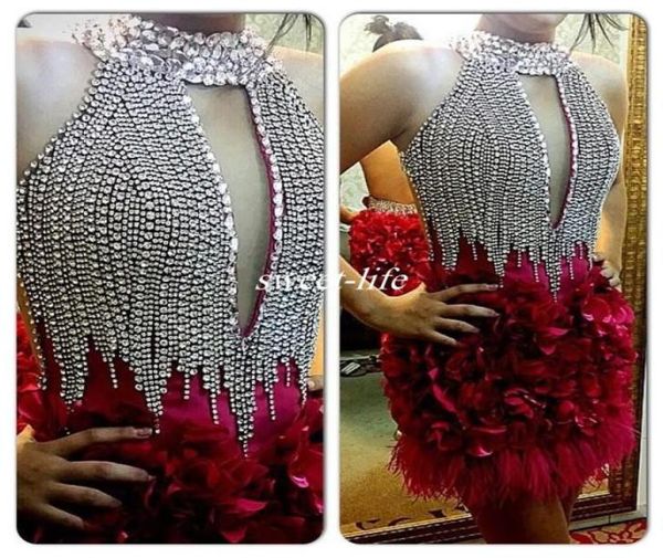 

2019 high neck crystals kneelength cocktail dresses short party gowns celebrity prom dresses with feather 3d handma5357825, Black