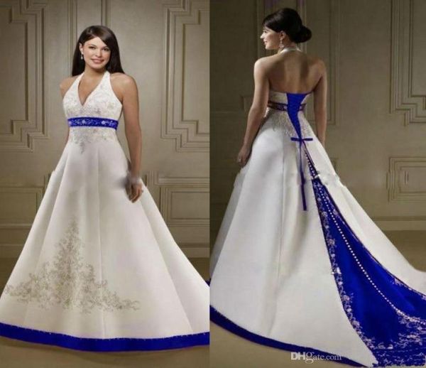 

vintage ivory and royal blue satin a line wedding dresses halter neck open back lace up court custom made embroidery wedding brida7845074, White