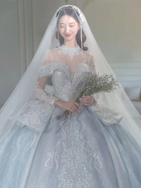 

2023 plus size wed dress arabic aso ebi lace beaded mermaid wedding dress high neck sheer neck long sleeves vintage bridal gowns dresses shi, White