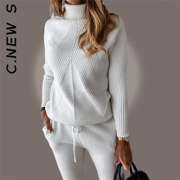 

pants c.new s women's tracksuit spring solid color striped turtleneck sweater and elastic trousers suits knitted two piece set, White