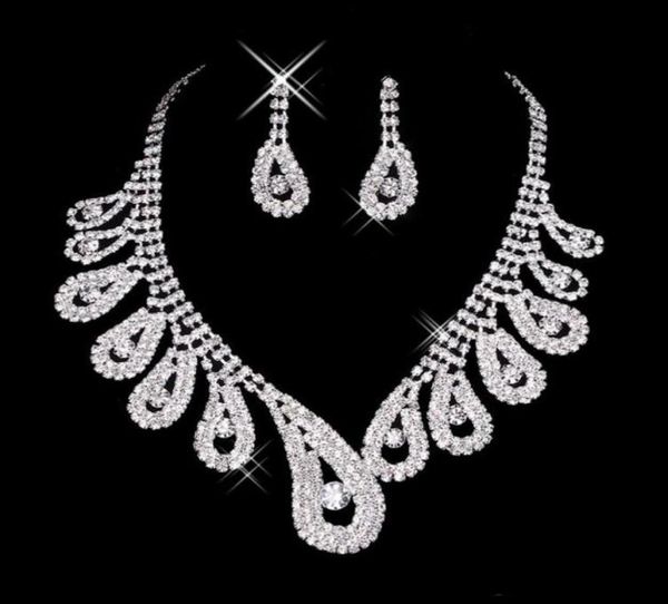 

womens bridal wedding jewelry sets pageant rhinestone gorgeous sparkling silver necklace earrings for party bridal accessories4730137, White