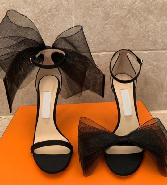 

mesh bow ankle strap sandals women shoes open toe high heels wedding tulle stiletto summer sandalias mujer runway sapato6005499, Black