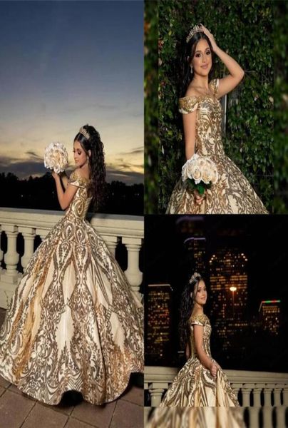 

2021 shining gold ball gown quinceanera dresses beaded off shoulder tulle sequined sweet 15 16 dress xv party wear7836176, Blue;red