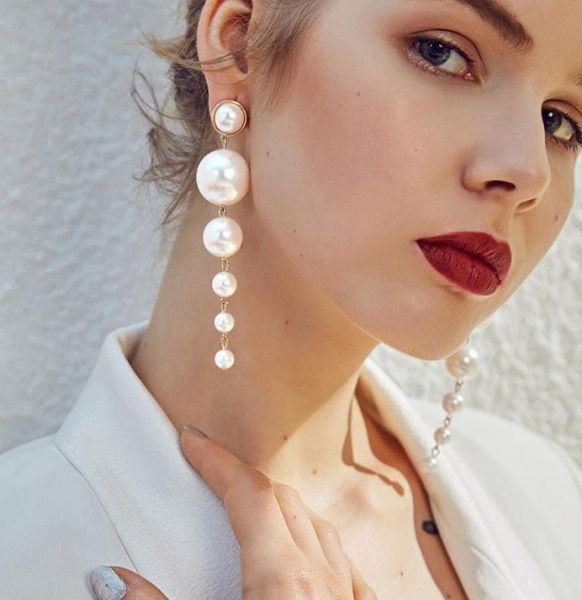 

big pearl beads tassel earrings for women long drop pendant piercing stud earring ladies charm luxury earings jewellery3518494, Golden;silver