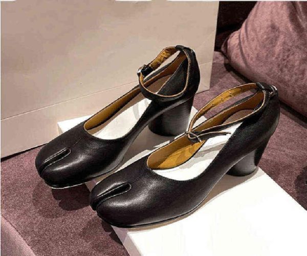 

dress shoes women real leather split toe ninja tabi pump mary jane buckle cow high heel woman shallow round 2207185009332, Black