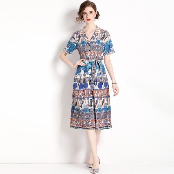 

2023 summer new item european station fashion women's cardigan skirt short sleeve lapel single row button lace print dress e009, Black;gray