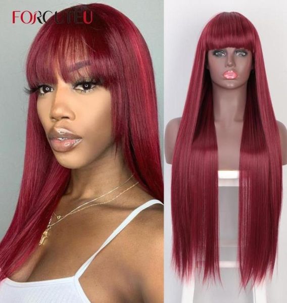 

synthetic wigs forcuteu long straight wine red wig with bangs hair bang for women heat resistant3739367, Black