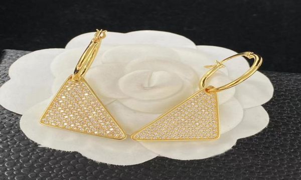 

chic charm earrings 18l gold geometric triangle diamond inlay band gift box embossed stamp stud earrings pendant women party weddi5323694, Golden