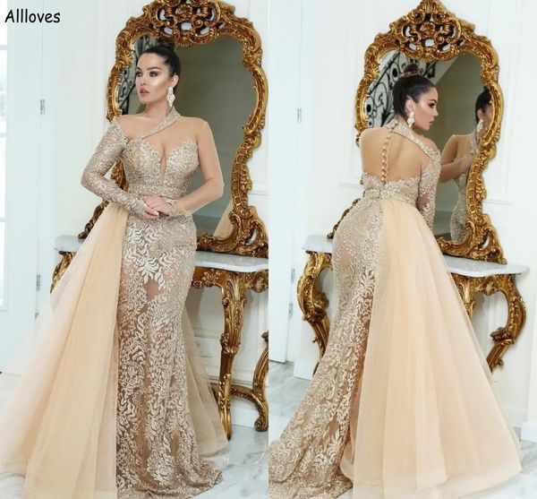 

champagne lace aso ebi mermaid prom dresses illusion neck long sleeve buttons back formal occasion party gowns tulle overskirts evening dres, Black