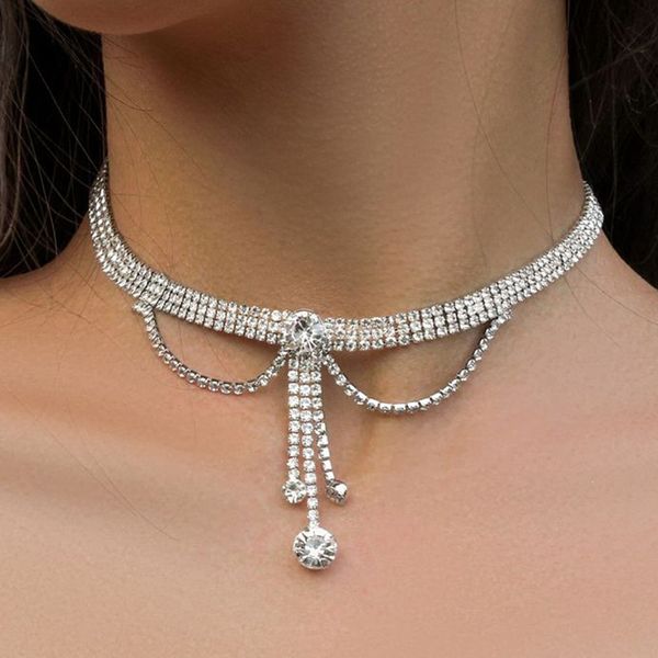 

trend all-match multi-layer tassel necklace sparkle luxury shiny rhinestone clavicle jewelry necklace, Silver
