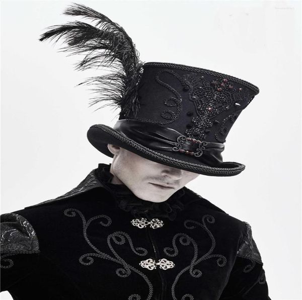 

wide brim hats gothic vintage hat men steampunk cosplay punk party caps feather decoration drop2291435, Blue;gray