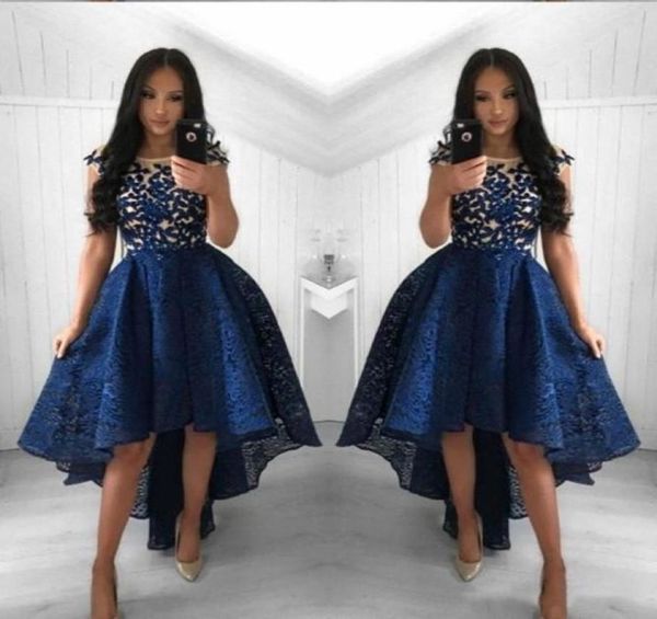 

2022 navy blue plus size cocktail dresses jewel neck illusion lace appliques cap sleeves high low short prom dress homecoming4725869, Black