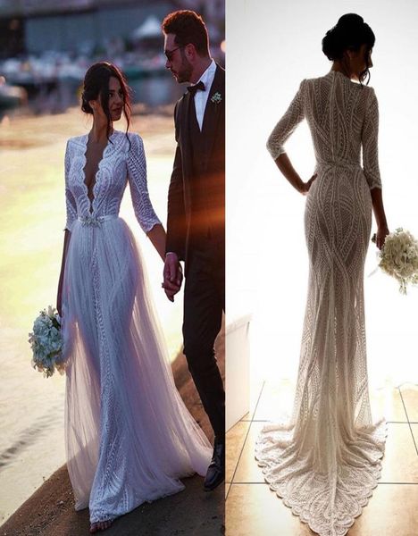

elegant 2020 v neck mermaid wedding dresses with detachable train long sleeve beaded appliqued lace bridal gowns plus size vestido8297166, White