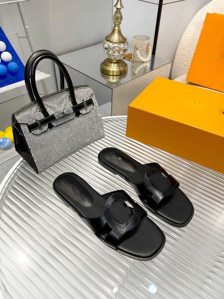

women designer slippers lsola flat mule metallic calfskin leather slides beach sandals with box size 35-43, Black