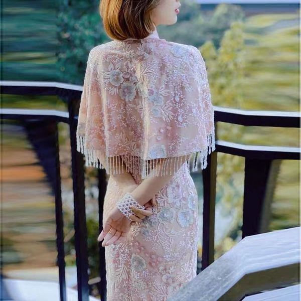 

surprise retro 2023 spring and autumn fashion new chinese bride banquet heavy industry embroidery beaded embroidery cape cape qipao, Black