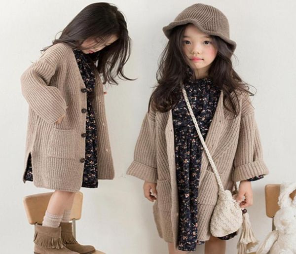 

fall new kids cardigan girls vneck knitted casual outwear children double pocket singlebreasted long sleeve sweater cardigan a412639899, Blue