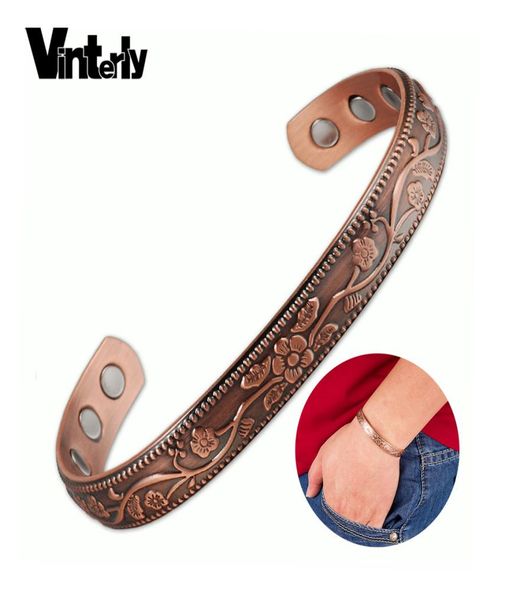 

vinterly copper bracelet femme charms vintage flower energy magnetic copper bracelet adjustable cuff bracelets bangles for women8179401, Black