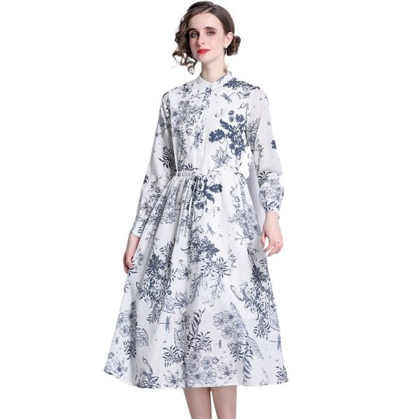 

2023 spring new item european station fashion women's large sleeve long sleeve single row button lace print dress e212, Black;gray