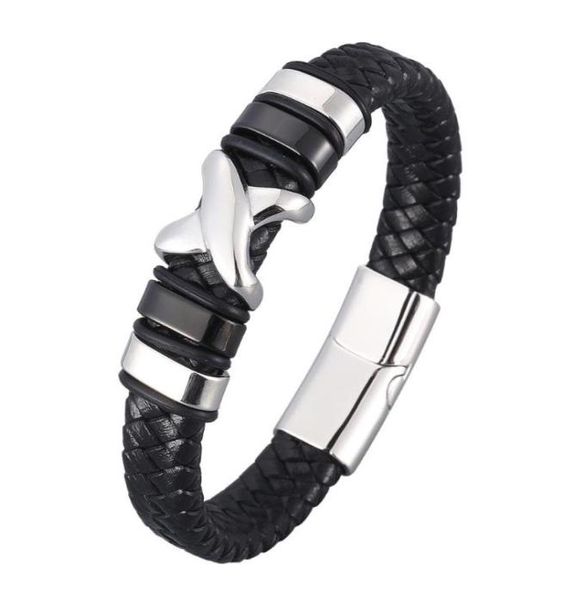 

trendy style leather bracelet men black braided bracelets male jewelry party gift stainless steel magnetic clasp bangles bb0963 ch5395870, Golden;silver