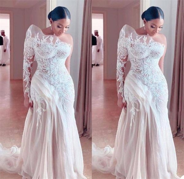 

real image plus size mermaid wedding dress one shoulder ruffles appliqued lace bridal dresses custom made gorgeous sweeptrain robe1953698, White
