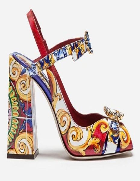 

2019 ladies patent leather diamond chunky high heel peeptoes buckle strap sandals shoes crosstied paisley printed 8579788, Black