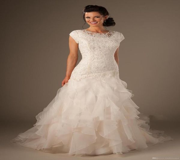 

modest mermaid wedding dresses with sleeves jewel neck beaded lace appliques ruffles organzatemple bridal gowns custom made modest7132553, White