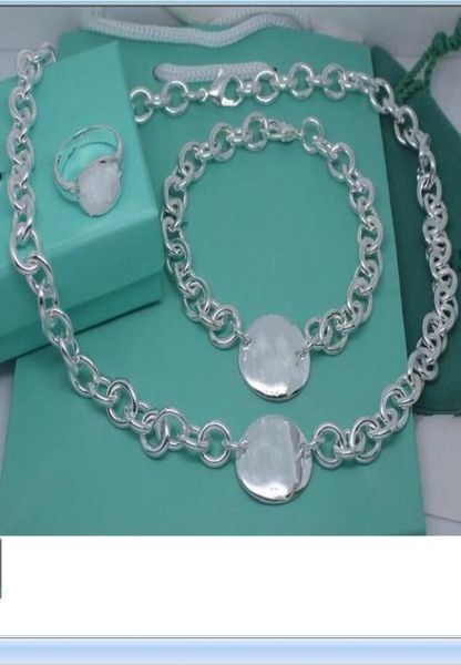 

2020 stainless steel thick chians with oval plates pendant necklaces and bracelet ring set with blue box and dastbag8791832, Silver