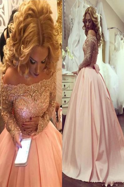

custom made blush pink ball gown prom dresses with bateau neck long sleeves crystal appliques satin sparkly plus size evening gown9419863, Black;red