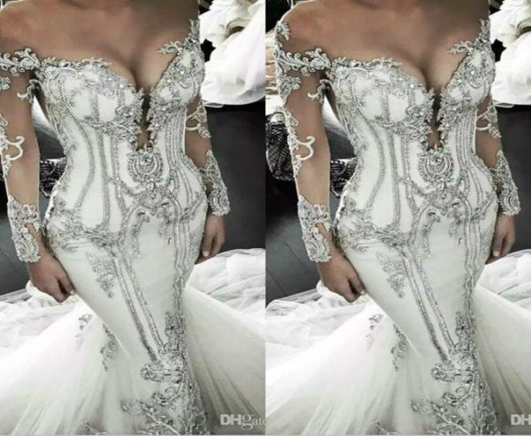 

glamorous mermaid wedding dresses jewel crystal illusion long sleeves bling bridal gowns sweep train plus size wedding dress2989929, White