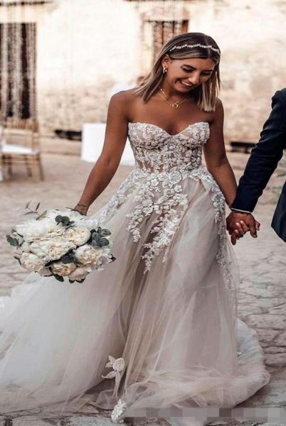 

2020 new silver grey a line wedding dresses sweetheart neckline strapless lace applique sweep train tulle custom made wedding brid5392541, White