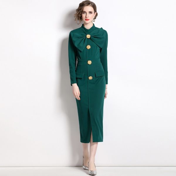 

2023 spring new item european station fashion women's hip dress long sleeve stand collar bow tie open fork dress e006, Black;gray