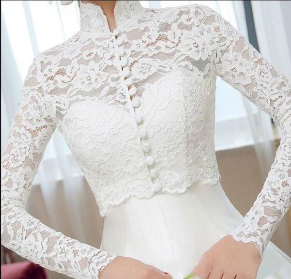 

solovedress lace appliques long sleeves bridal wedding jacket shawl bolero wraps high neck vintage bride wraps wedding dress acces3580925, White