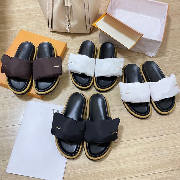 

designer slippers women sandal embossed printing metal logo pillow hook & loop slipper mule summer flat heel slippers slides flip flops beac, Black