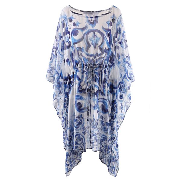 

high-quality summer blue white proclaim pattern 3/4 bat sleeve irregullar long loose shirt