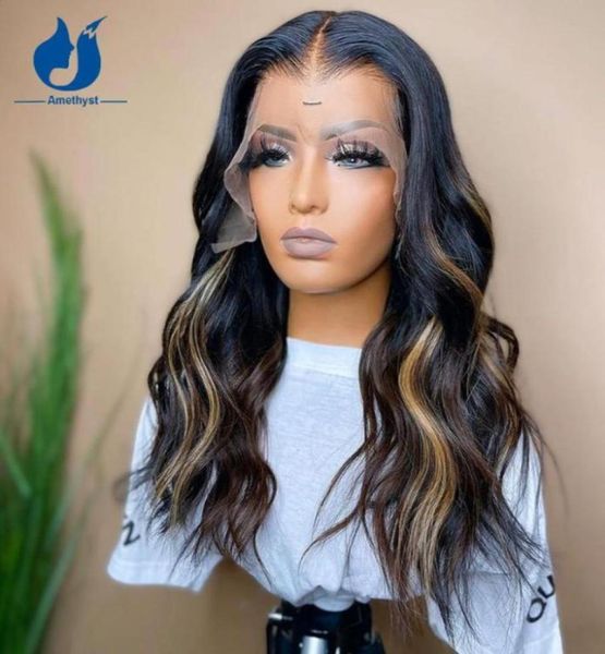 

amethyst lace front human hair wigs pre plucked brazilian wave brown ombre remy blonde highlight58503269572470, Black;brown