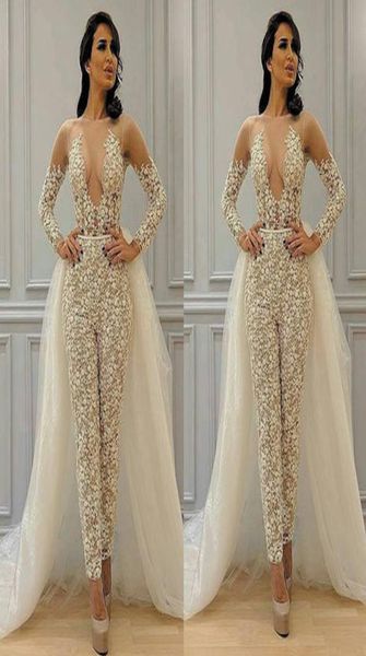 

modest detachable skirt jumpsuit wedding dresses bridal gowns 2021 lace applique long sleeve elegant pant suit for women vestidos1289182, White