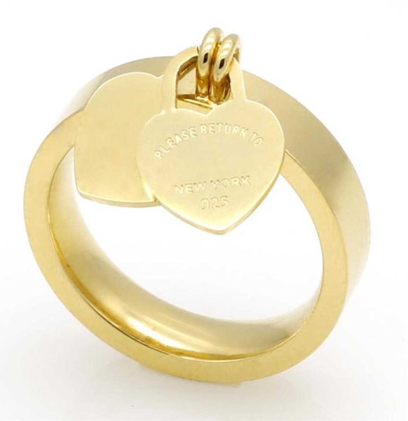 

2023fashion jewelry 316l titanium gold-plated heart-shaped rings t letter letters double heart ring female for woman fashion1981, Silver