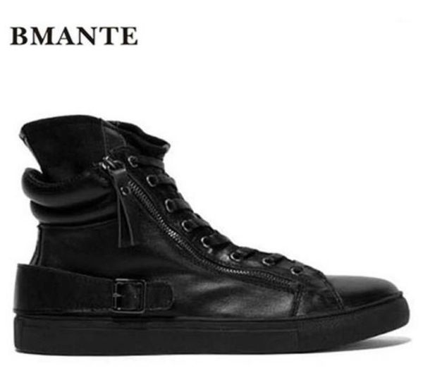 

boots bmante genuine leather men ankle sping solid casual zipper laceup flats high sneakers male luxury trainers shoes11045404, Black