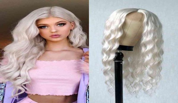 

platinum blonde synthetic lace wigs 24 inches long body wave synthetic wig white wavy lace wigs for women 2201212349316, Black;brown