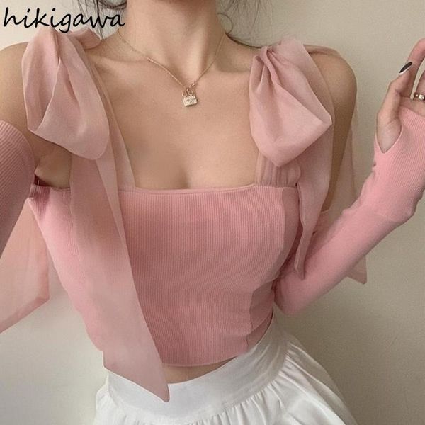 

t-shirt sweet y2k fashion gauze knitted tanks 2023 women's clothing korean backless bandage bow camis summer crop mujer, White